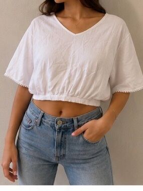 Mulaya Cropped White Top With PomPom Trim Details